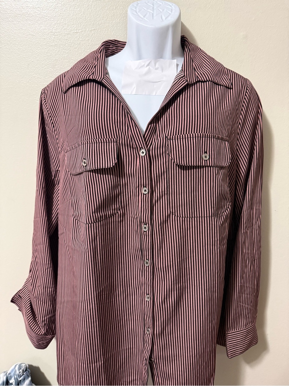 NY Collection women’s Burgundy and Black Vertical Stripe Button-Down Shirt